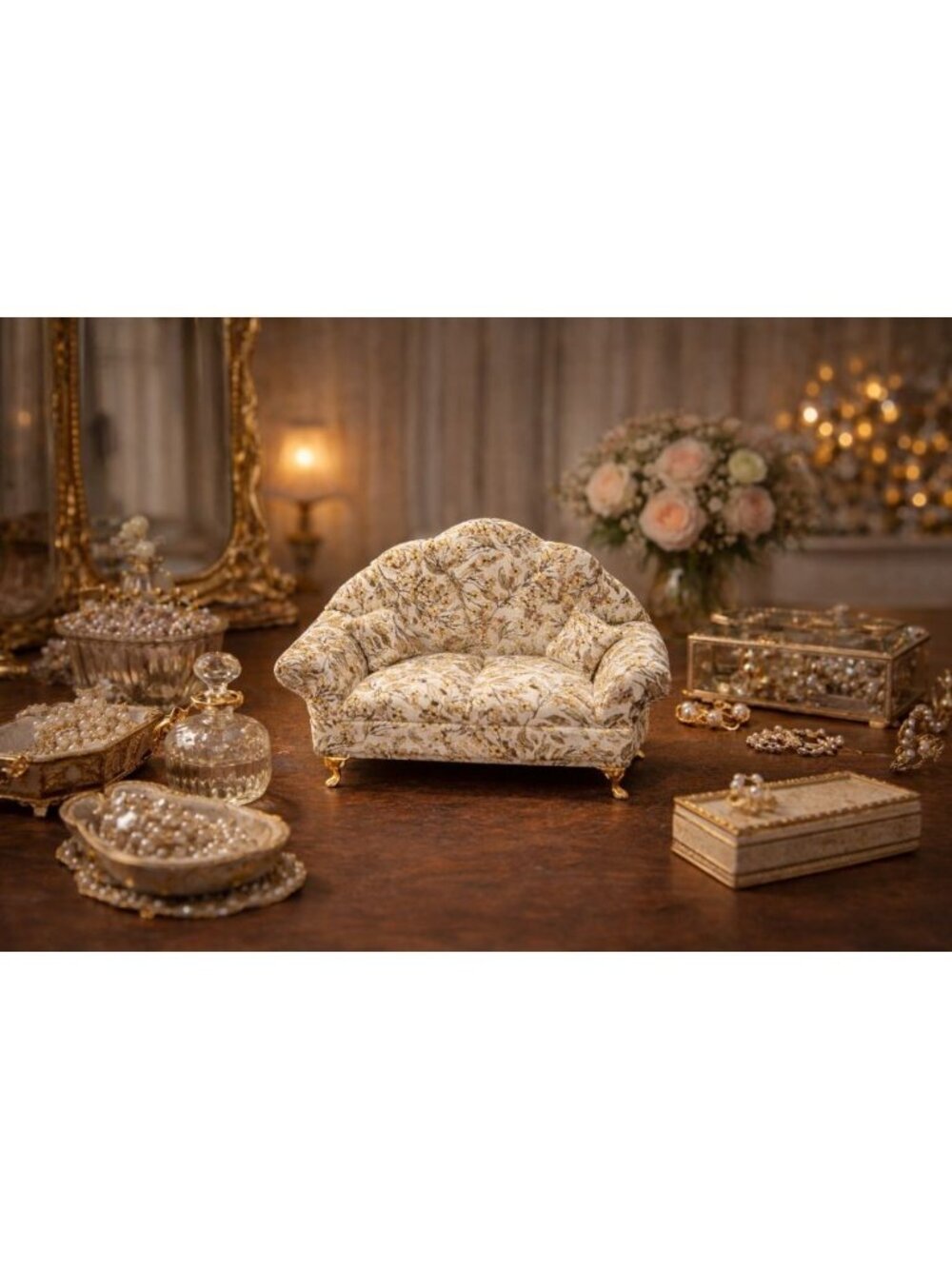 New Green & White Olive Floral Doll Sofa Jewelry Box Organizer Couch Jewelry Box
